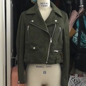 Zara M faux suede moto biker jacket olive green